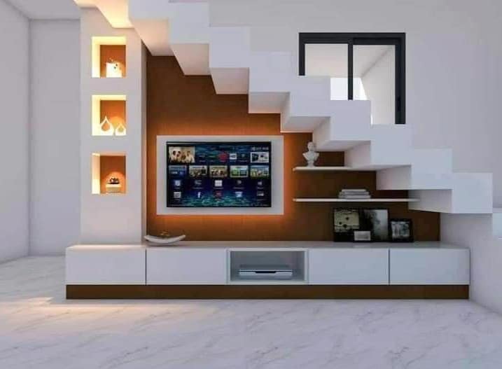 TV Unit under staircase wall mount floating designs ideas for space saving